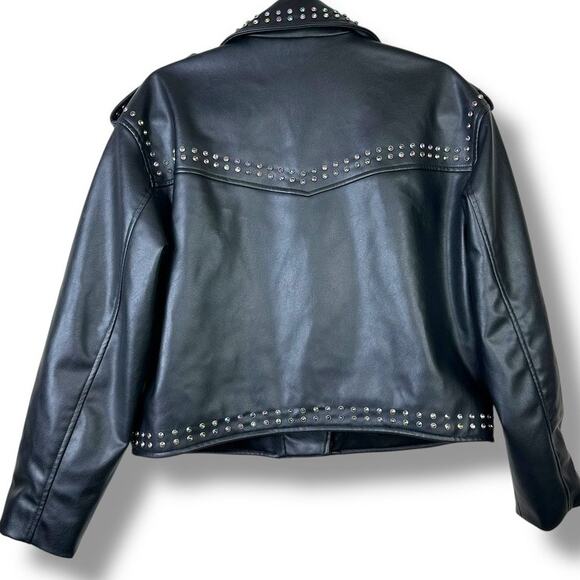 ZARA NWOT Black Faux Leather Rainbow Studded Rhinestone Biker Moto Jacket Medium - Picture 13 of 15